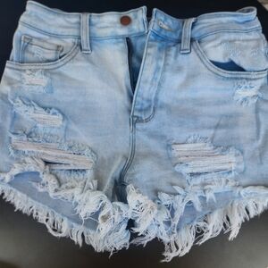 Pink Lilly denim fringe shorts